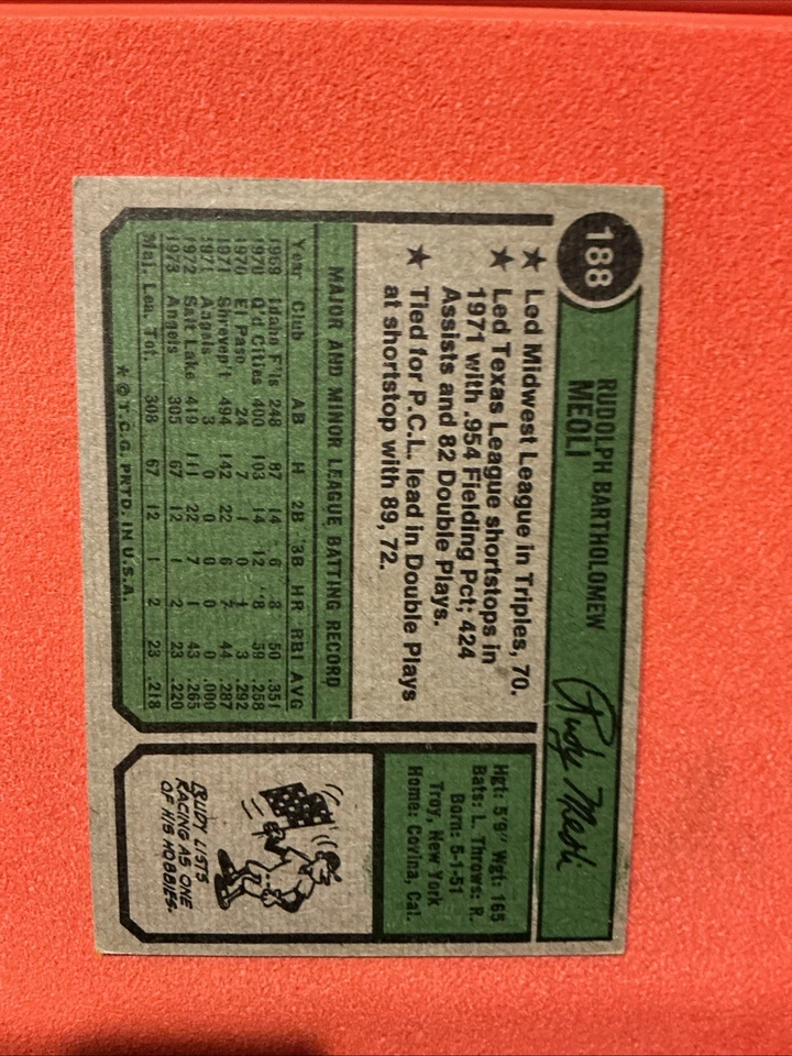 1974 Topps 🔥Rudy Meoli #188 🔥California Angels Autograph 🔥🔥🔥🔥🔥🔥🔥🔥 - Image 2 of 2