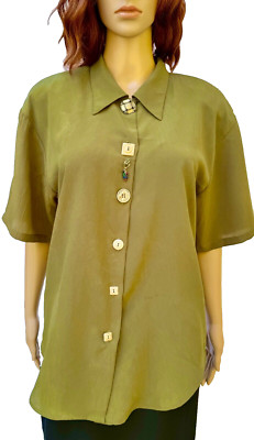 Vtg 90s Impressions of California Short Sleeve Decorative Button Green Blouse L