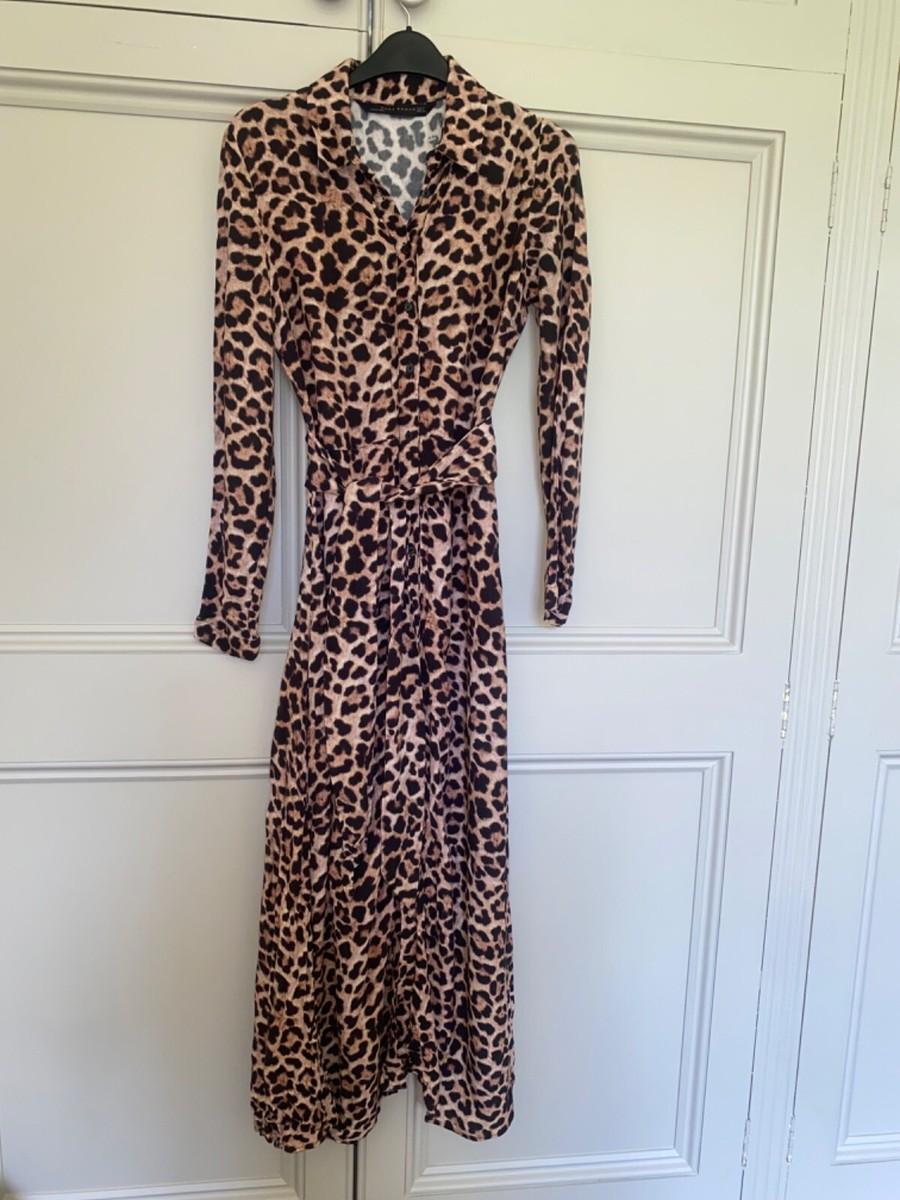 ZARA Leopard Animal Print Shirt Dress Size S Small Belt Collar