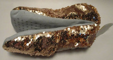 Xhilaration Women S/M 9" long Faux Fur Lined,Gold Sequin,Grippy Sole Slippers
