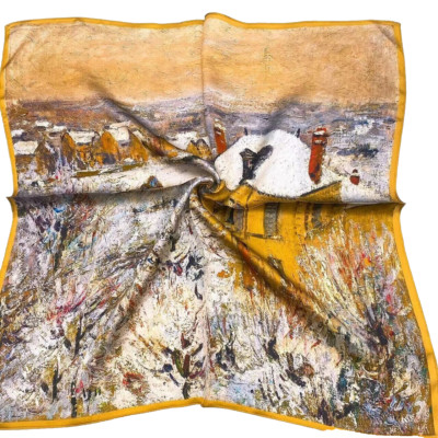 26''X26''Winter Time Print Pure Mulberry Satin Silk 12momme Scarf 65x65cm4-22