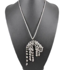 TIGER AUSTRIAN RHINESTONE CRYSTAL LONG NECKLACE PENDANT BROOCH PIN N1592 SILVER