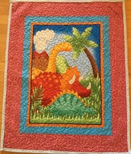 Handmade Baby Dino Quilt Crib /Lap Quilt 36 1/2"x 45" /Light blue Minky backing