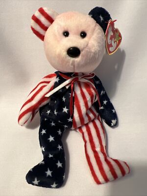 Ty Beanie Baby Spangle the Bear Pink Face DOB June 14, 1999 USA Stars & Stripes