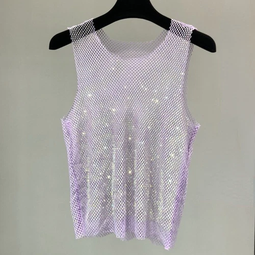 Damen Kristall Mesh Camisole Tank Top Glitzer glänzend ausgehöhlt Weste Weste - Bild 18 von 25
