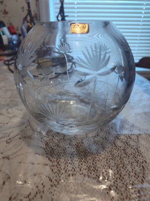  Nizbor A. Ruckl & Sons Hand Cut Czech Bohemia Floral Crystal Rose Flower Vase