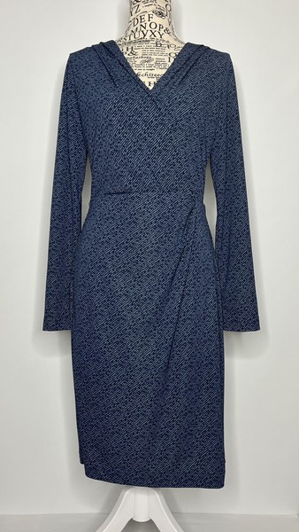 Trenery Size XS 8 Women's Dress Blue V-Neck Stretch Faux Wrap Long Sleeve Sheath