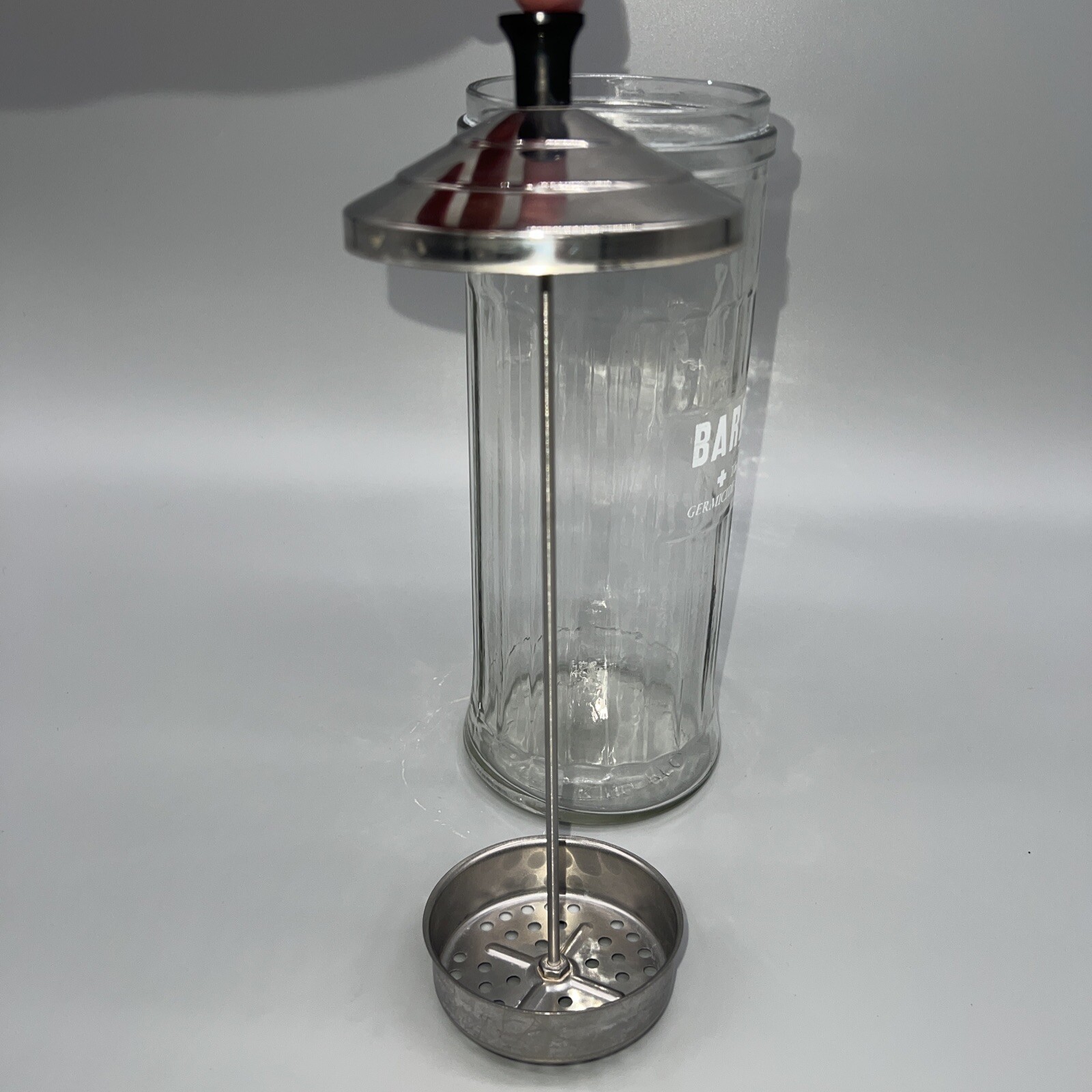 VINTAGE BARBICIDE Glass Disinfectant Barber Beauty Shop Comb Jar KING