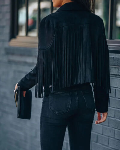 Damen Moto Biker Jacke Chic Cropped Quaste Fransen Kurz Dekor Mantel - Bild 7 von 28