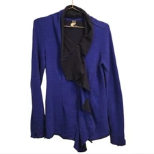 We The Free Striped Asymmetrical Ebb Flow Zip Up ruffle Sweater Blue Black Sz S