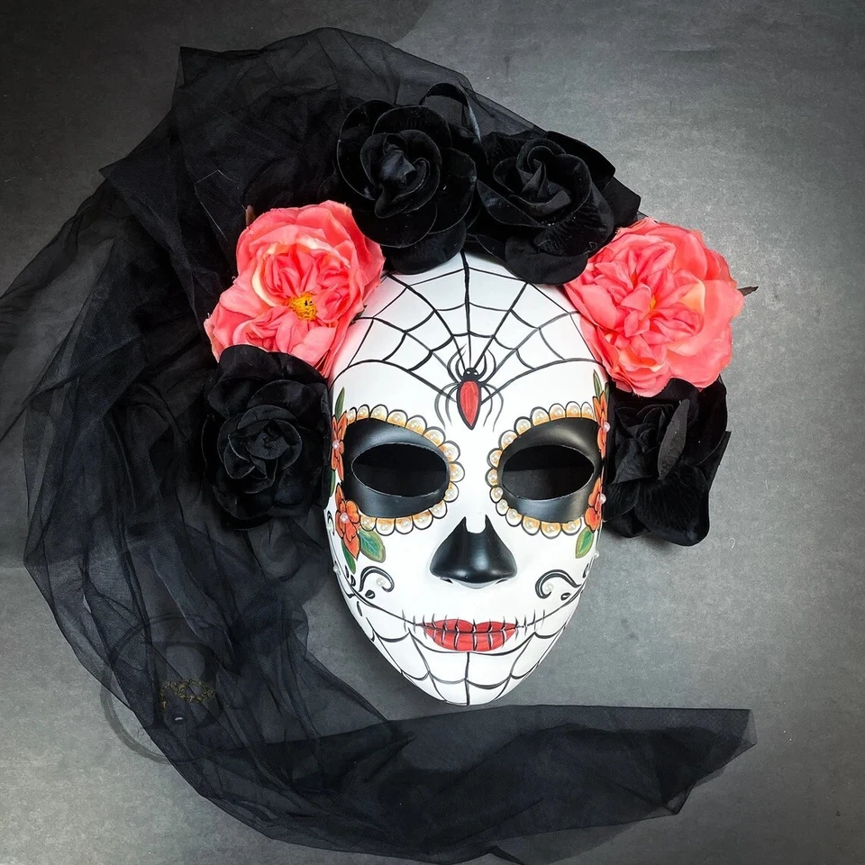 Day of the Dead Dia de los Muertos Full Face Masquerade Mask with Black Veil - Image 2 of 3
