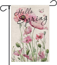 Hello Spring Garden Flag Pink Corn Poppy Floral 12X18 Inch Double Sided for outs
