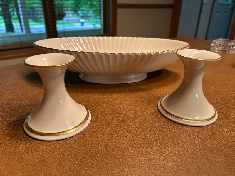 Vintage Lenox Porcelain Fluted Oval Pedestal Centerpiece Bowl & Candlesticks