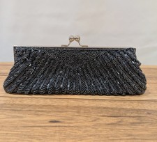 Gunmetal Metallic Beaded Clutch Purse With Ch...