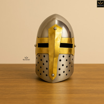 Miniatur Messing Kreuzritter Helm Rüstung Silber mit Messing Akzent Schreibti...