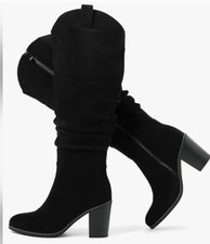 Black Suede Knee High Block Heel Bootie with Zipper Almond Toe