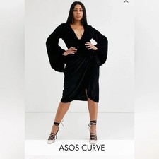 ASOS Design Curve Deep Plunge Midi Velvet Kimono Dress Black Plus Size 16