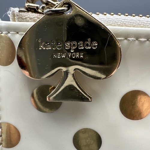 Kate Spade White Clutch Gold Polka Dots Heart Pull Tab Pencil Zip Pouch KST - Imagen 4 de 10