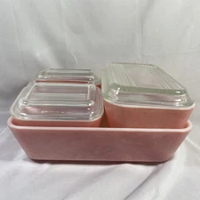 Vintage Pyrex Flamingo Pink 7 Piece Refrigerator Dishes 501,502,503