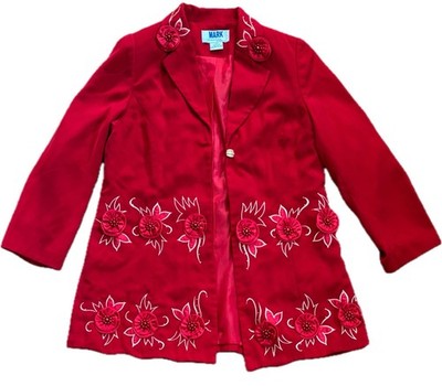 Vintage Red Floral Applique Blazer Jacket Size 22 W Bold Whimsical AS IS READ