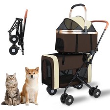 Rkrouco Brown Foldable Double Pets Stroller for Dog Portable Cat Strollers for