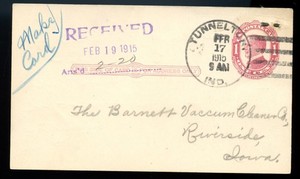 Barnett Vacuum Cleaner Co. Riverside Iowa 1915 Tunnelton, Indiana Postmark