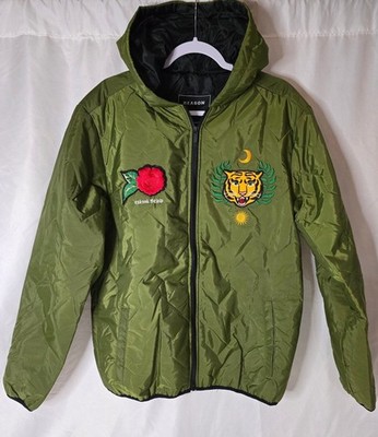 Reason Clothing Olive Green Tiger Rose Quilted Full Zip Hoodie Jacket NWOT
