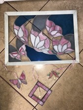 Pink Stained-Glass Window Panel 3 Sun Catchers Butterflies Crystals 22 x16