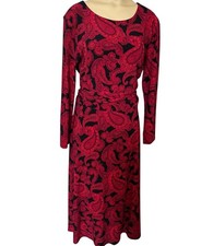 Tommy Hilfiger Fit  Flare Dress Women's Size 12 Red Black Paisley Long Sleeve