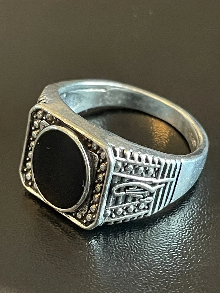 Повседневный черный обсидиан драгоценный камень S925 серебро покрытием мужчин женщин кольцо размер 9,75 - Изображение 3 из 4