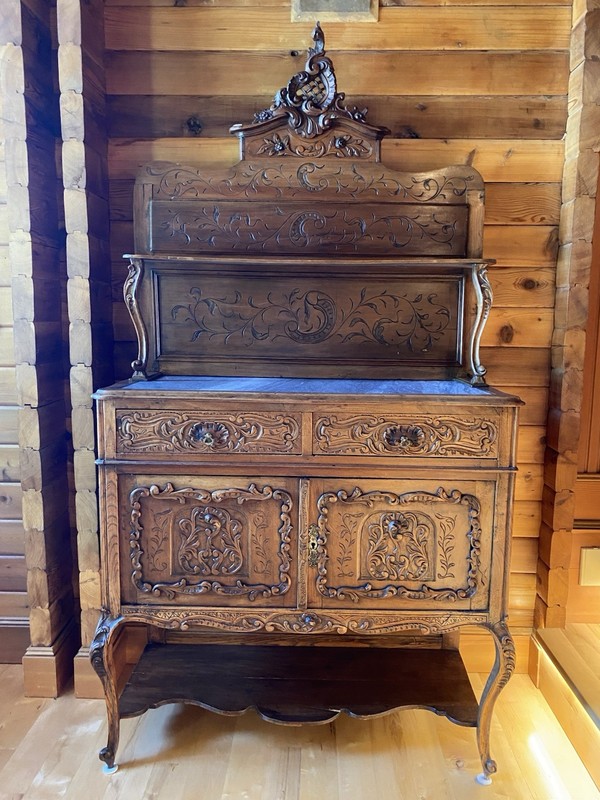 Carved Wood Brown Freestanding Cabinet, Raised Panel Hinged 2 Doors 2 Drawers