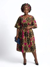 African Print Midi Dress with Matching Headwrap  One Size
