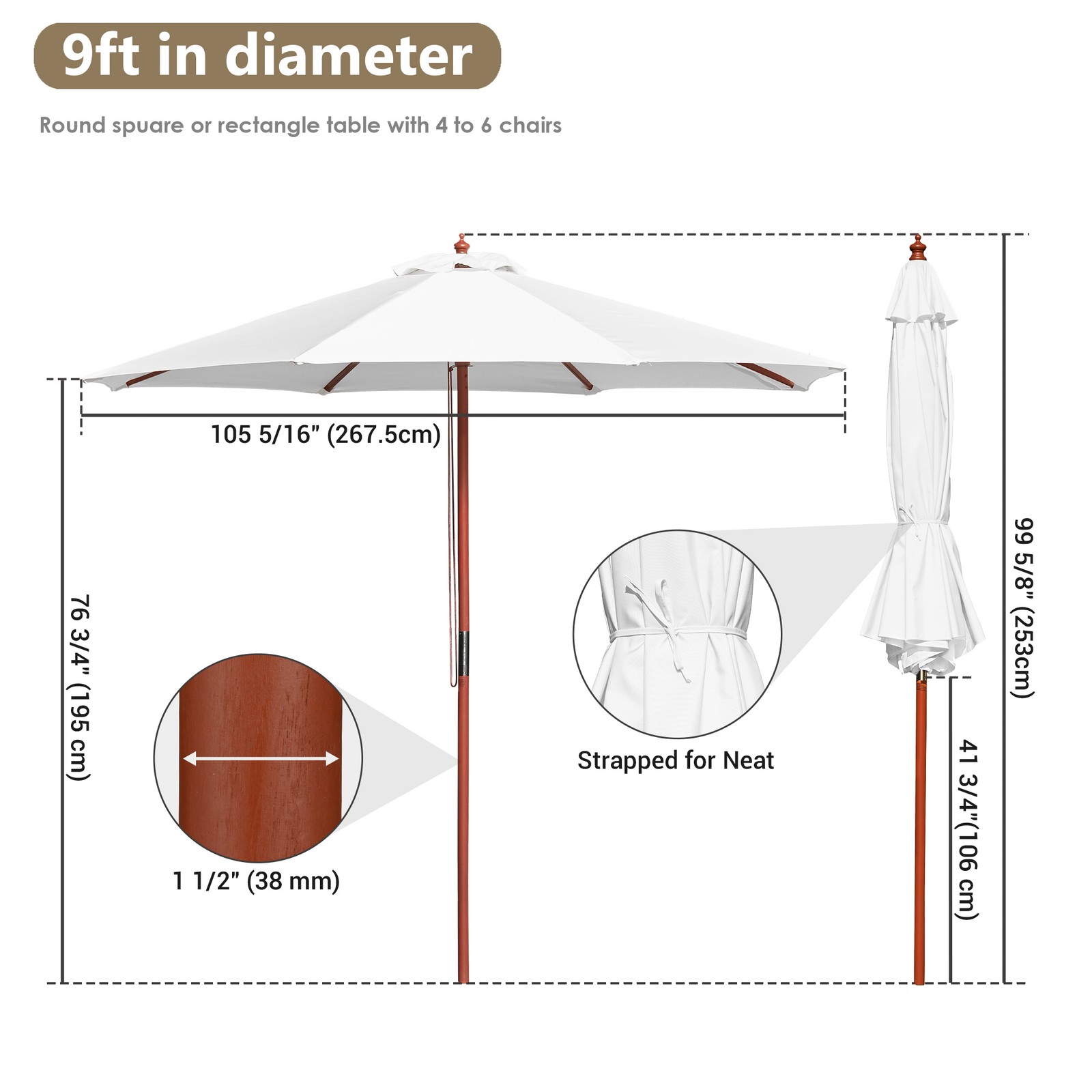 9' Wooden Outdoor Patio Umbrella Pulley Garden Yard Beach Wedding Sunshade White