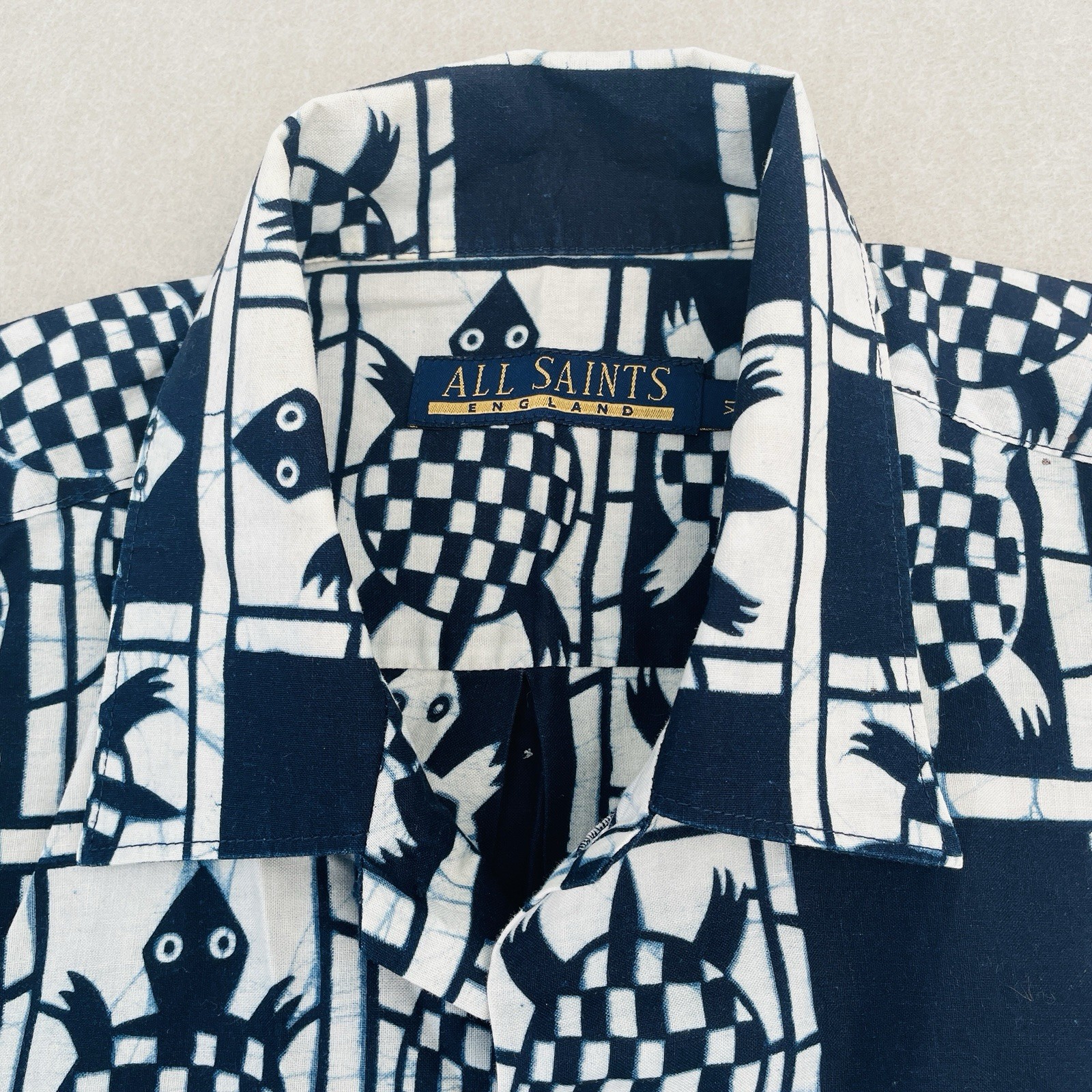 Vintage All Saints S/S Shirt XL Navy Camp/Cuban Collar Hawaiian Tribal Y2K Rare image 3