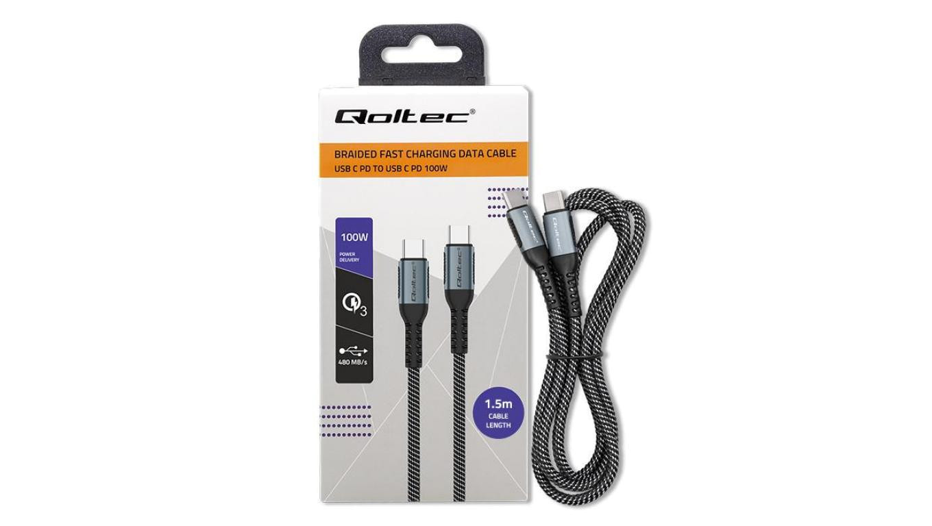Кабель Qoltec USB 20 typ C USB 20 typ C 100 Вт QC 30 PD 15 м Czarny 3090₽