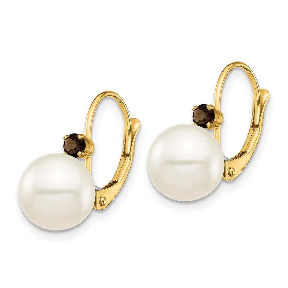 14K 8-8.5mm White Round FWC Pearl Smokey Quartz Leverback Earrings XF752E/SQ - Image 2 of 2