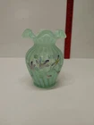 Fenton Rib Optic Willow Green Sea Mist 5" Vase Hand Painted Artist Signed