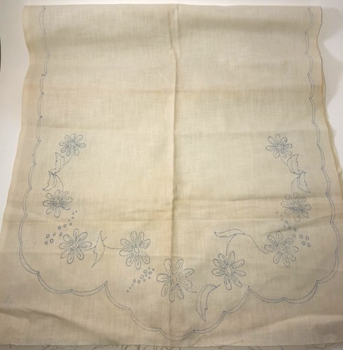 Vintage Stamped Embroidery Table Runner Flowers 54" x 18" c. 1930 Cotton Linen
