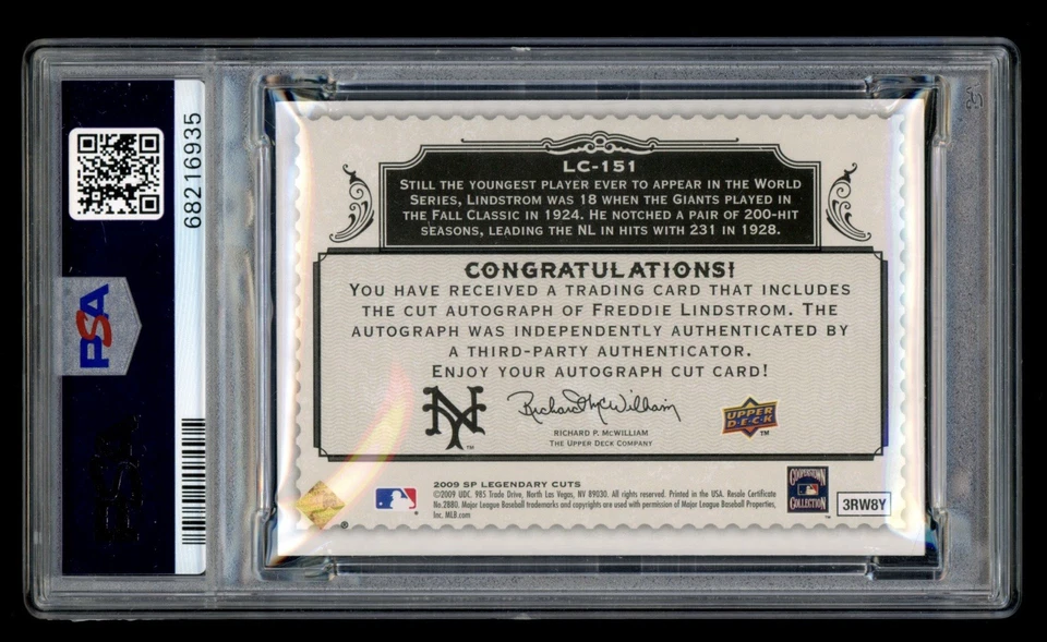 2009 SP Legendary Cuts Freddie Lindstrom Cut Signature Autograph Auto /6 PSA 5 - Image 2 of 2