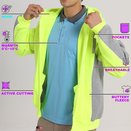 Hi Vis Work Hoodie Zip-up Fleece Jumper Safety Sweatshirt Orange Yellow Unisex - Picture 39 of 61