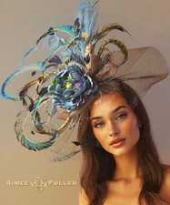 Aimee Fuller Kentucky Derby Hat Giant Fascinator Blue Floral Teal Brown Black