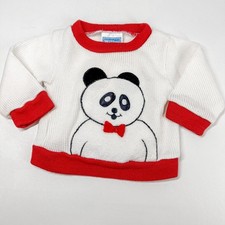Vintage Baby Panda Bear Sweater Size 9-12 mo Knit Sweater Red Ringer Kawaii
