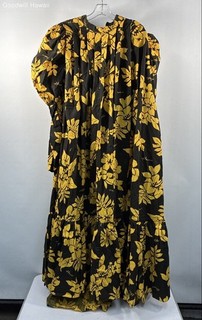 Vintage 80s Trendtex Women's Black Yellow Floral Hibiscus Muumuu Maxi Dress