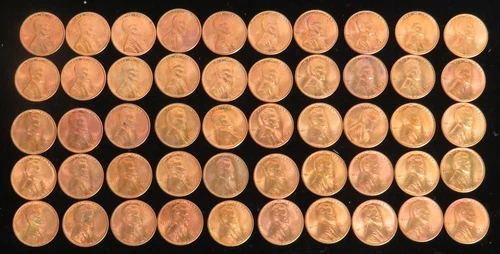 1946 S LINCOLN WHEAT CENTS 50 COIN ROLL GEM UNCIRCULATED RED'S