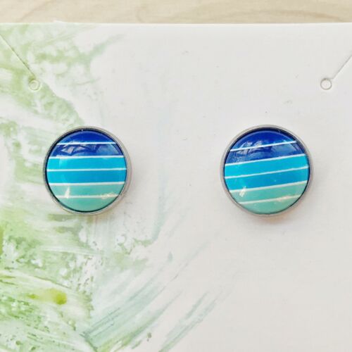 Womens Retro Blue Gradient Striped Hypoallergenic Stainless Steel Stud Earrings - Picture 2 of 2