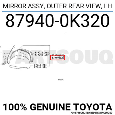 879400K320 Genuine Toyota MIRROR ASSY, OUTER REAR VIEW, LH 87940  