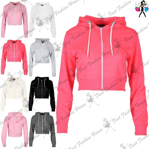 Womens Ladies Fleece Zipper Up Hoodie Zipper Sweatshirt Hooded Cropped Hoody Top - Picture 1 of 10