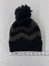 Zara Beanie Toque Womens One Size Black Glitter Zig Zag Knit Arylic Ski Pom