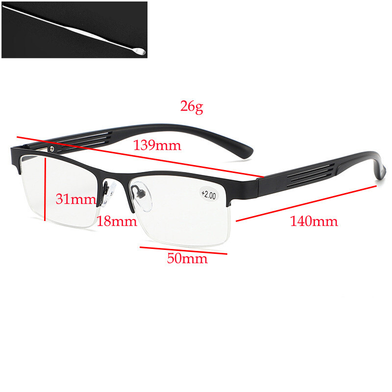 Mens Reading Glasses Designer Half Frame Metal Reader 1.0 1.5 2.0 2.5 3
