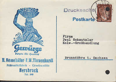 HERSBRÜCK Postkarte 1943 H. Neuschäfer F. W. Thraenhardt Nährmittelfabrik Gewürz